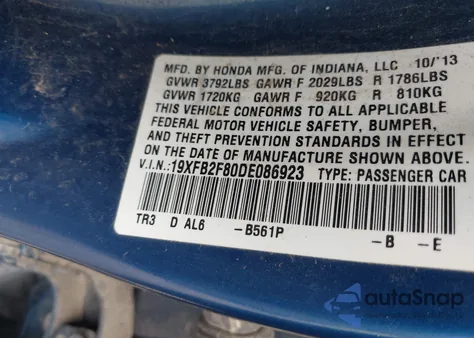 2013 Honda Civic Ex из США, поврежденный, VIN 19XFB2F80DE086923